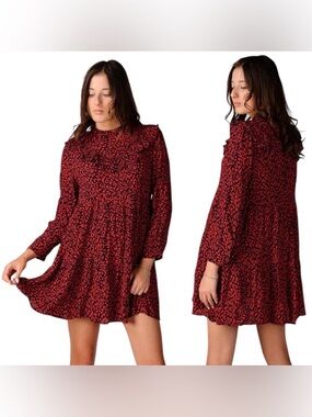 NWOT Zara Blogger Favorite Red Black Leopard Animal Print Ruffle Mini Dress